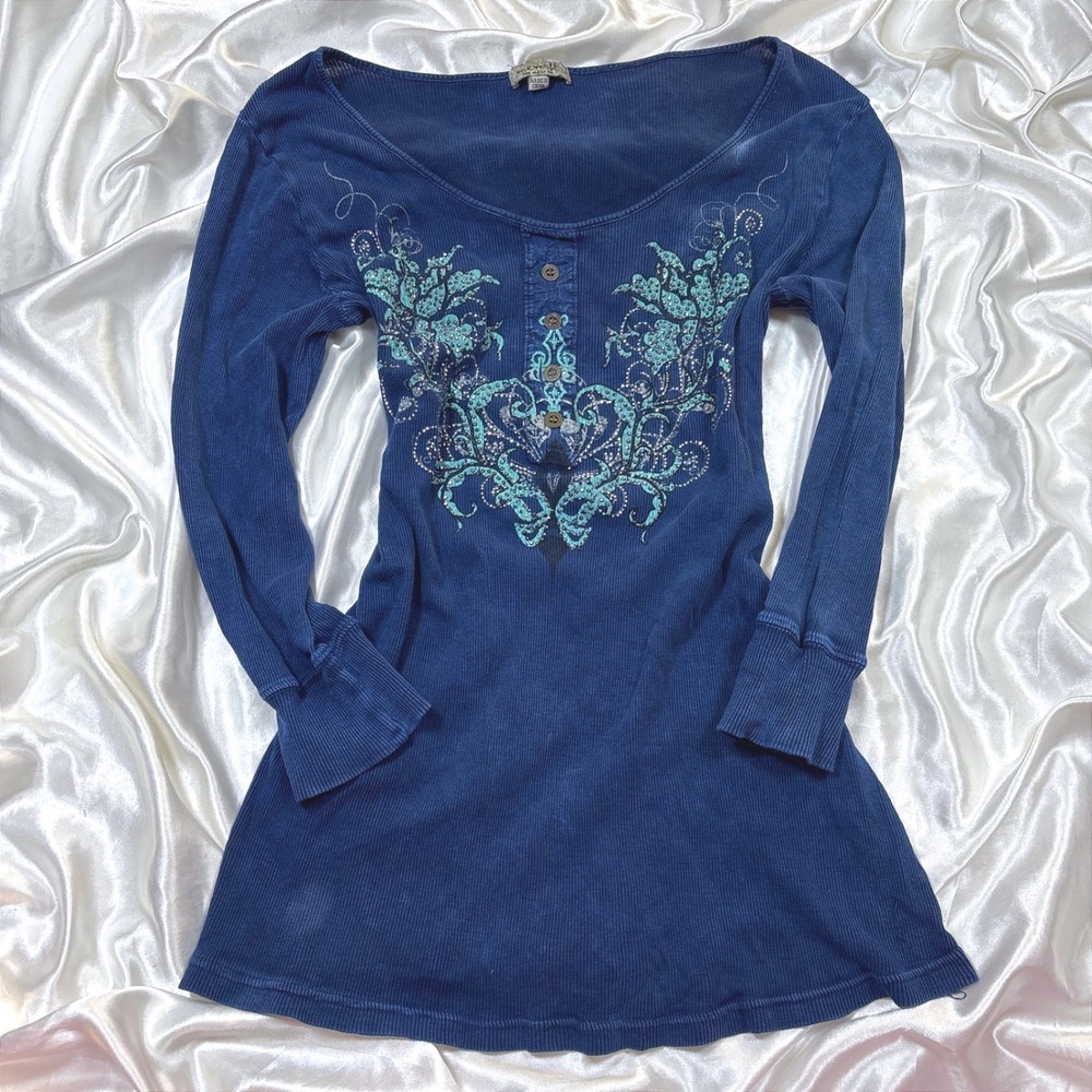 y2k Henley Top Navy Blue Excellent Rhinestone Foil Graphic Ribbed One World 1X